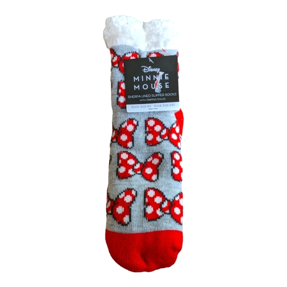 NEW Disney Minnie Mouse Bow Sherpa-Cuff Slipper Socks Shoe 5-10